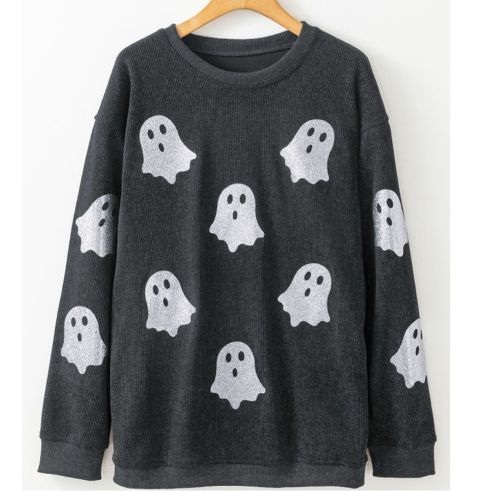 Shiny Ghost Print Ribbed Black Sweatshirt - Picture 3 of 5